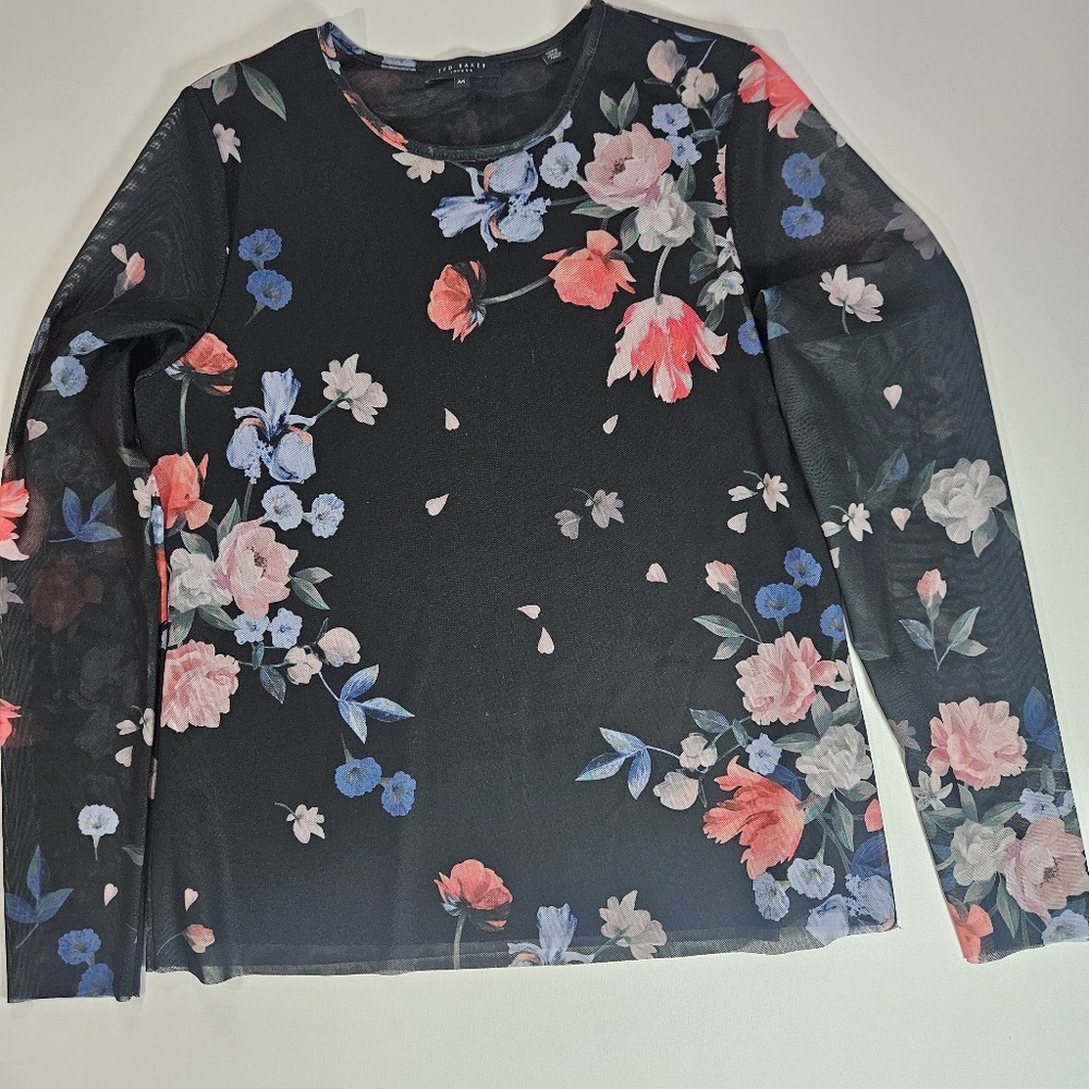 Ted Baker Blouse Womens Medium Navy Blue Pink Floral Mesh Sleeve Made In The USA